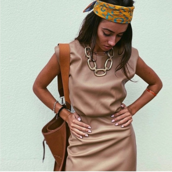 ZARA Taupe Faux Leather Mini Dress With Shoulder Pads Size XS EUC - Picture 2 of 9